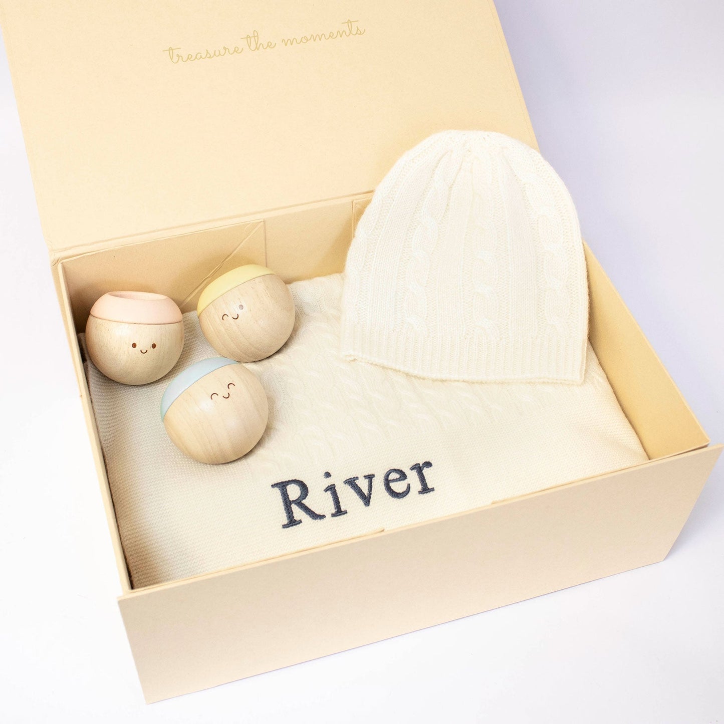 Ivory Cashmere & Sensory Balls Personalised Baby Gift Set by The Baby Gifting Co.