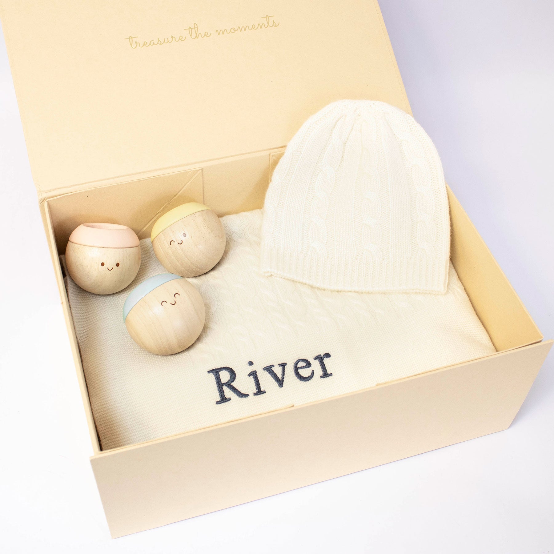 Ivory Cashmere & Sensory Balls Personalised Baby Gift Set by The Baby Gifting Co.