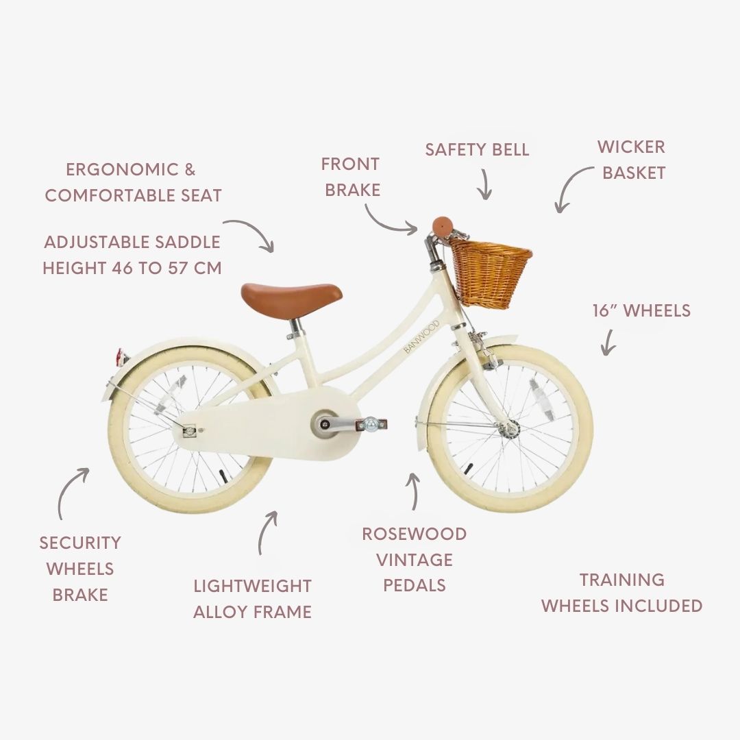 Diagram of a children's bicycle with features labeled on a white background