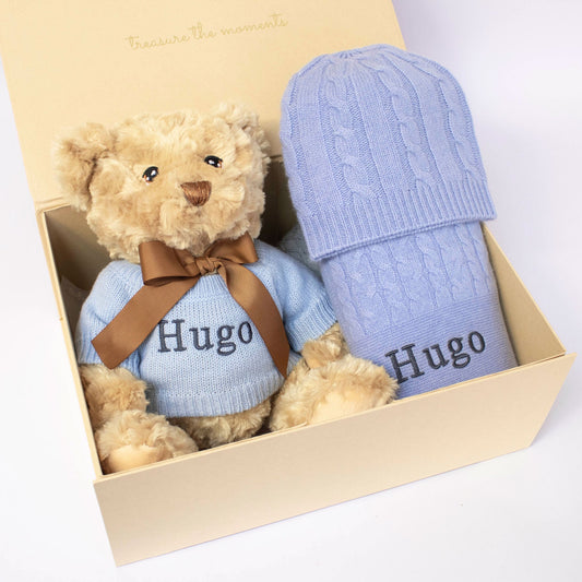 Blue Cashmere & Teddy Personalised Baby Gift Set by The Baby Gifting Co.