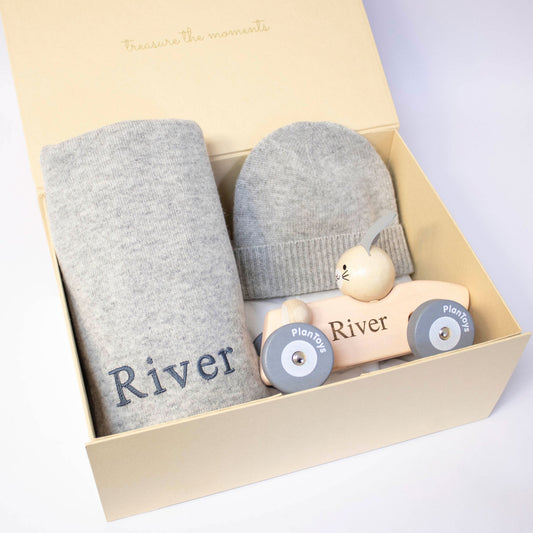 Cashmere & Racing Car Personalised Baby Gift Set by The Baby Gifting Co.