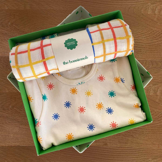 The Bonniemob Dreamy & Ditto Baby Playsuit & Muslin Swaddle Gift Box