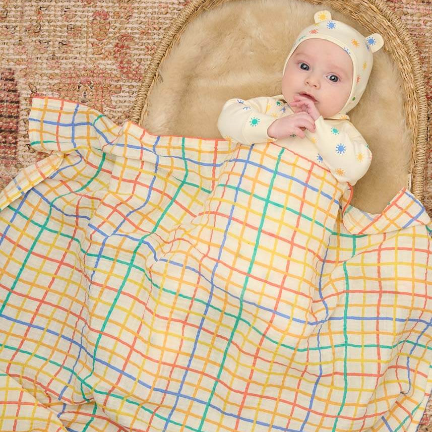 The Bonniemob Ditto Rainbow Check Large Muslin Swaddle Blanket