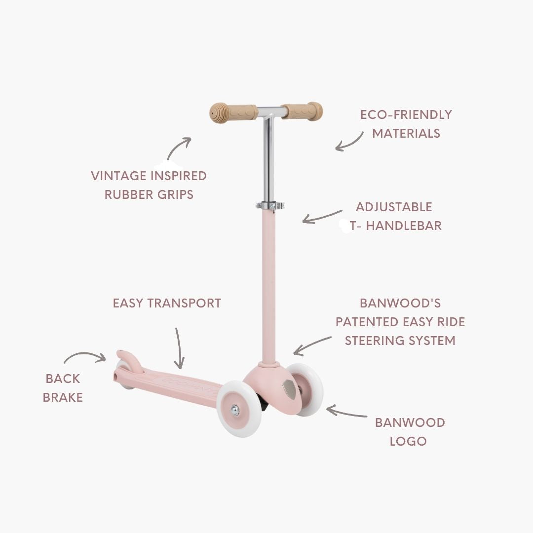 Pink scooter with features labeled on a white background