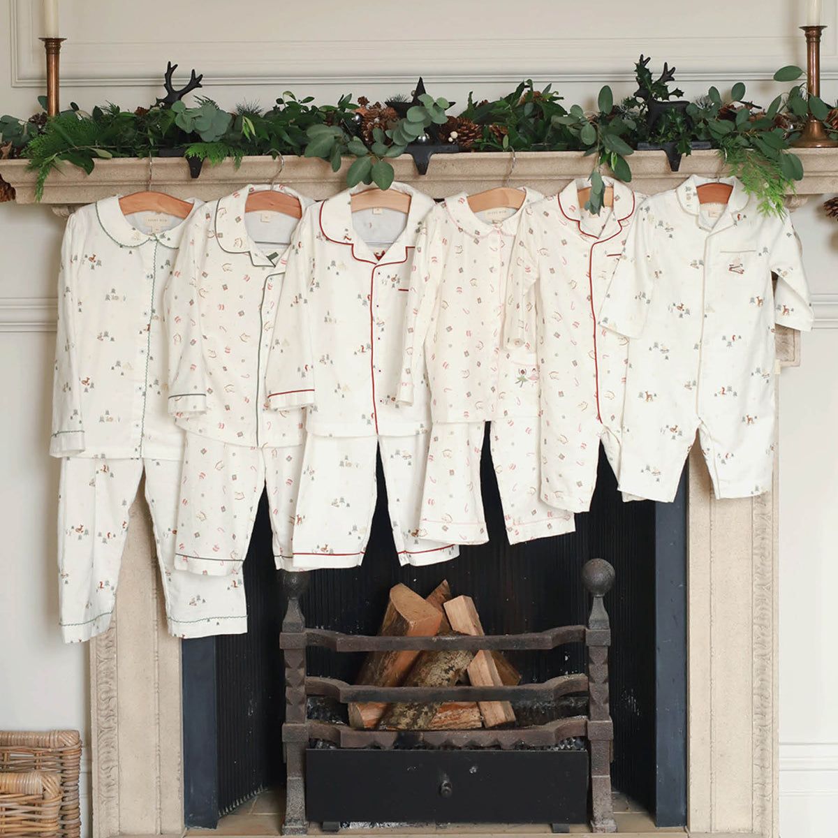 Avery Row Children's Christmas Flannel Pyjamas - Winter Ski/Green Trim