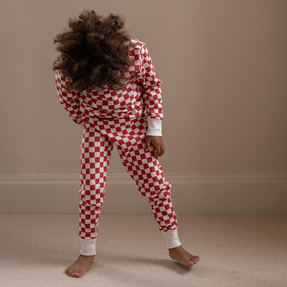 Avery Row Children's Christmas Jersey Pyjamas - Red Checkerboard