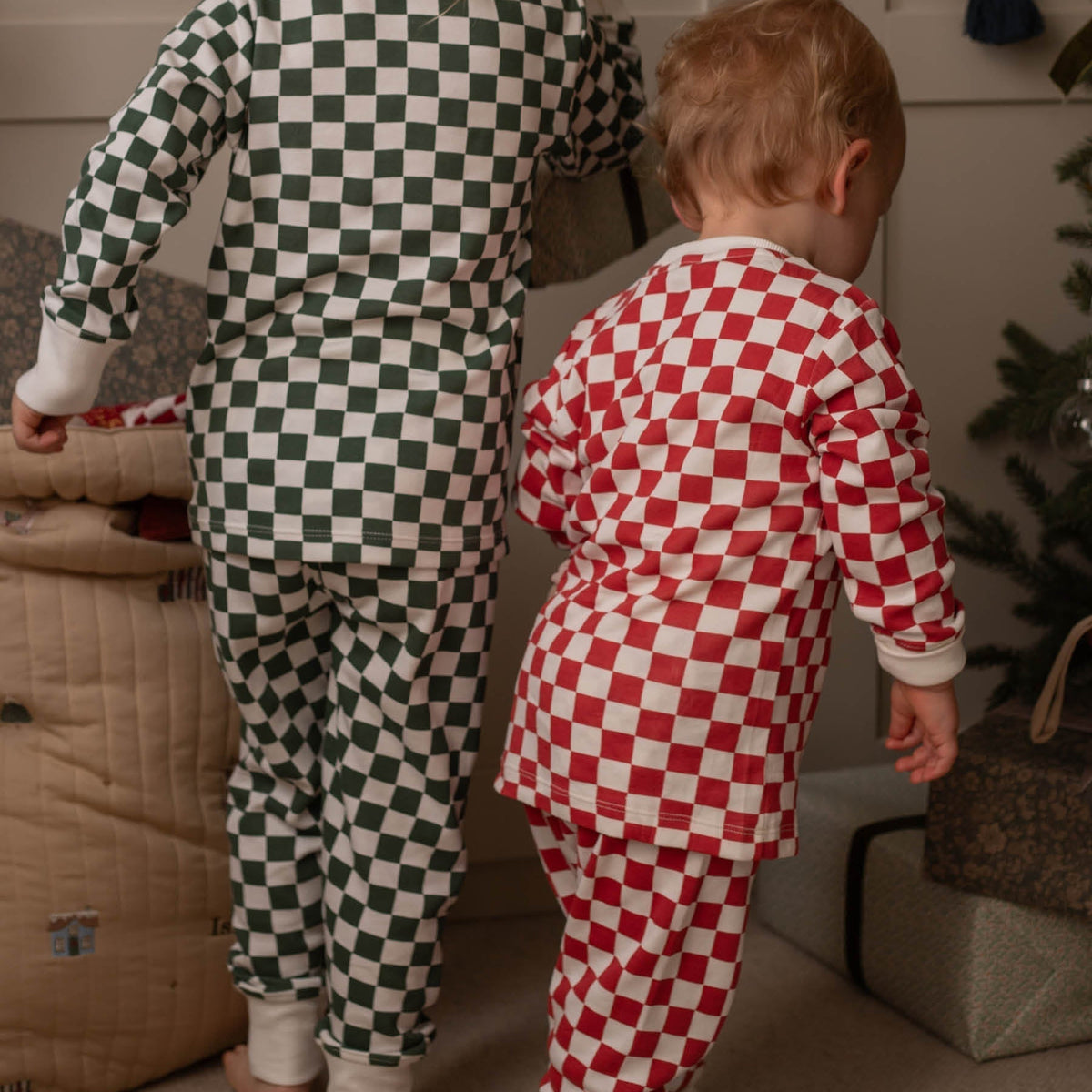 Avery Row Children's Christmas Jersey Pyjamas - Red Checkerboard