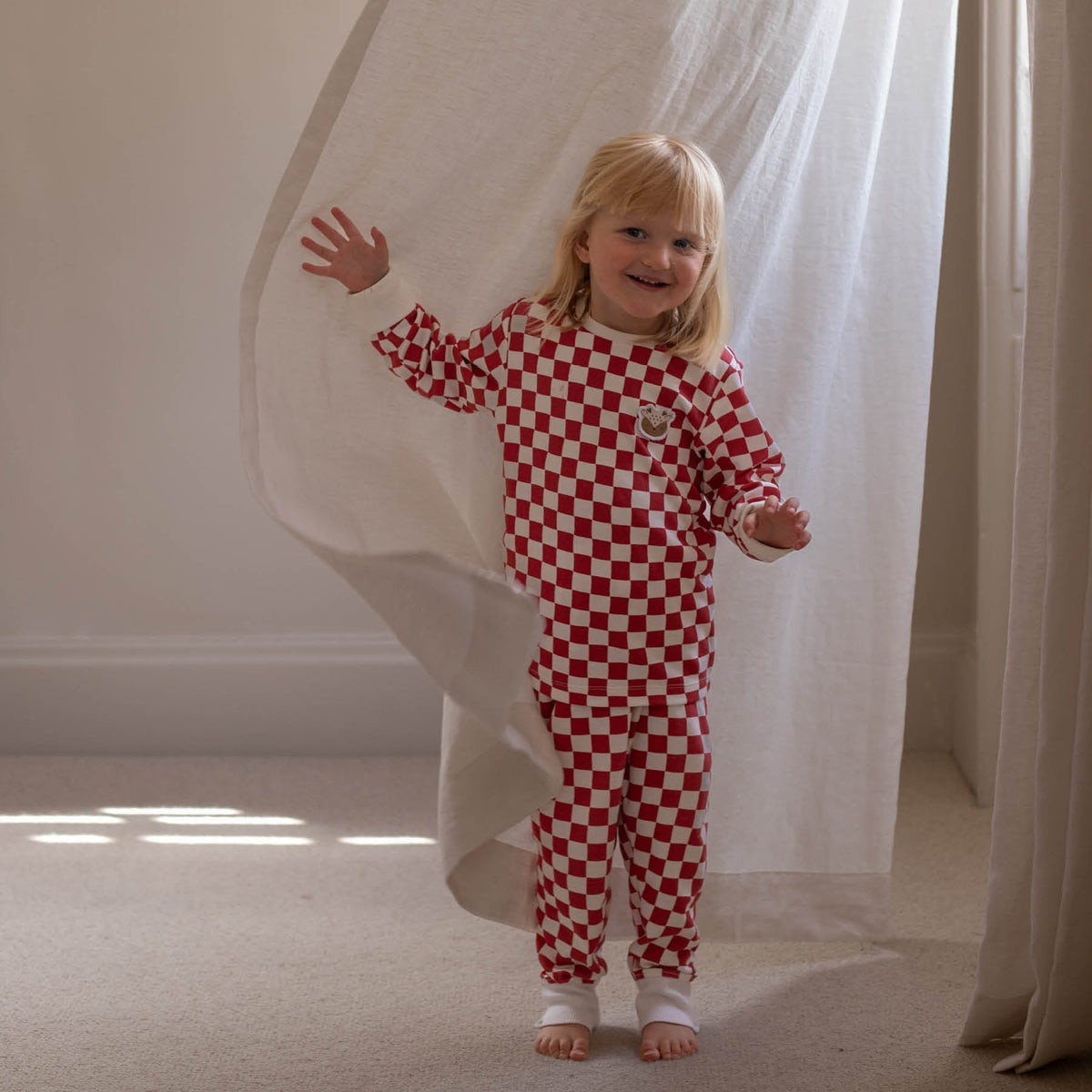 Avery Row Children's Christmas Jersey Pyjamas - Red Checkerboard