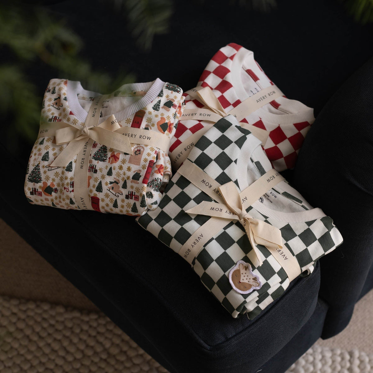 Avery Row Children's Christmas Jersey Pyjamas - Red Checkerboard