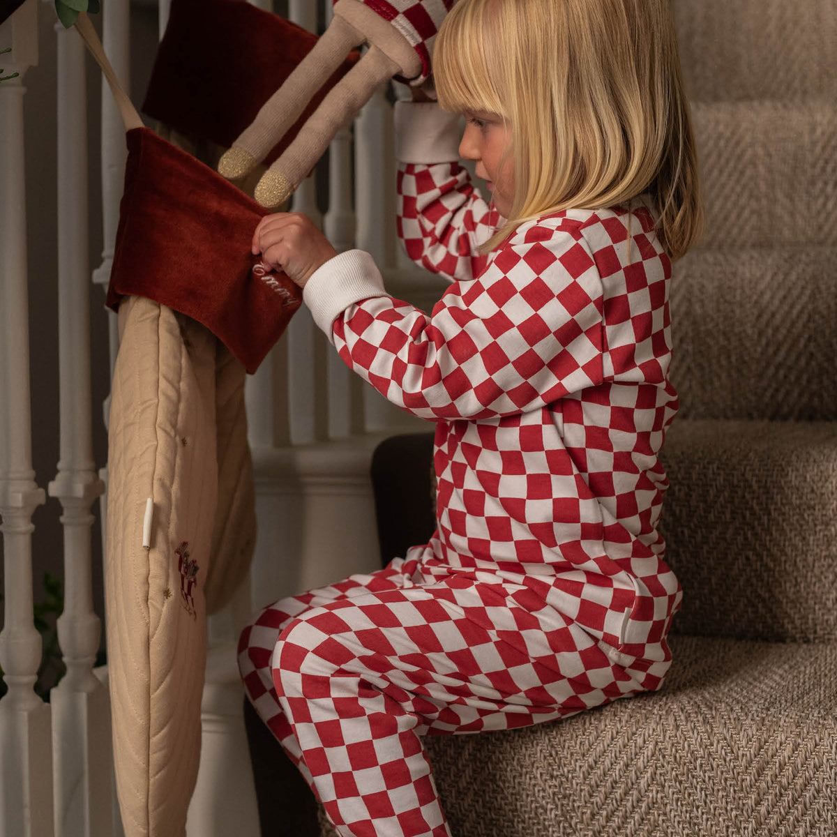 Avery Row Children's Christmas Jersey Pyjamas - Red Checkerboard