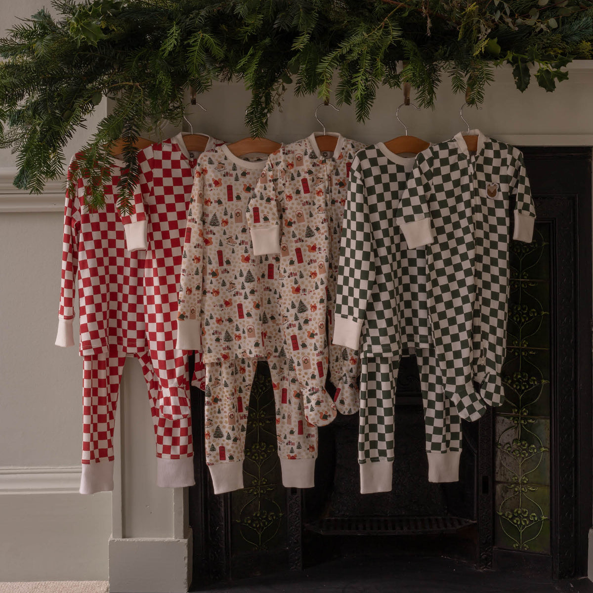 Avery Row Children's Christmas Jersey Pyjamas - Red Checkerboard