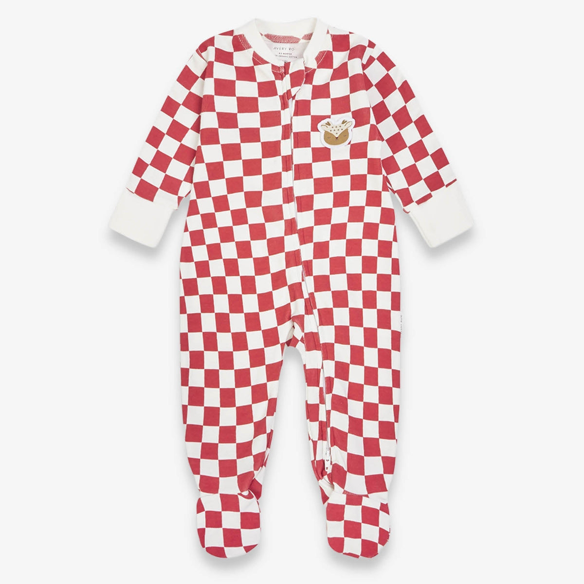 Avery Row Christmas Baby Jersey Sleepsuit - Red Checkerboard