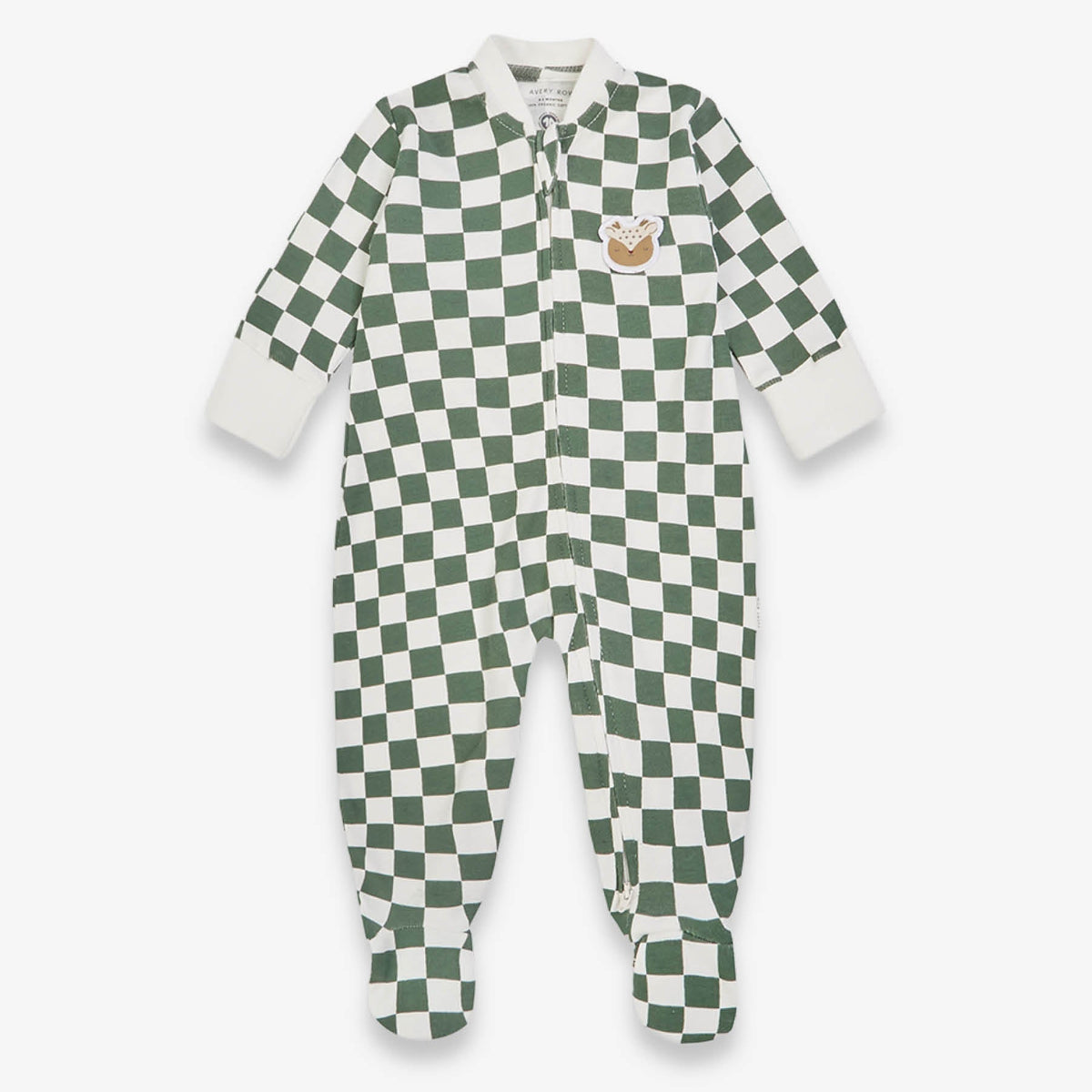 Avery Row Christmas Baby Jersey Sleepsuit - Green Checkerboard