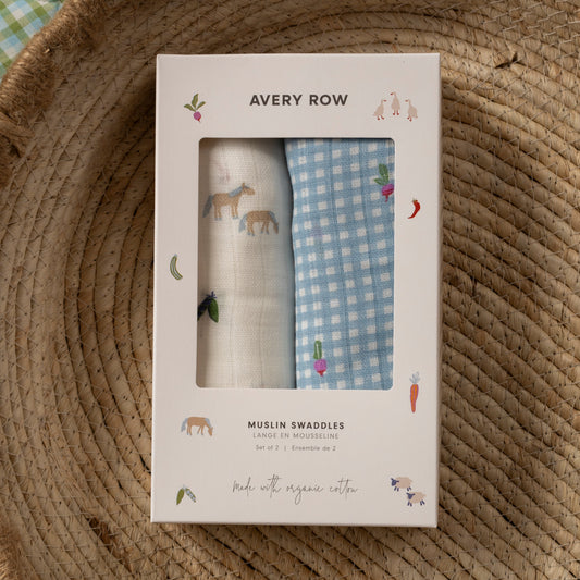 Avery Row Organic Baby Muslin Swaddles - 2 Pk - Little Farm/Radish