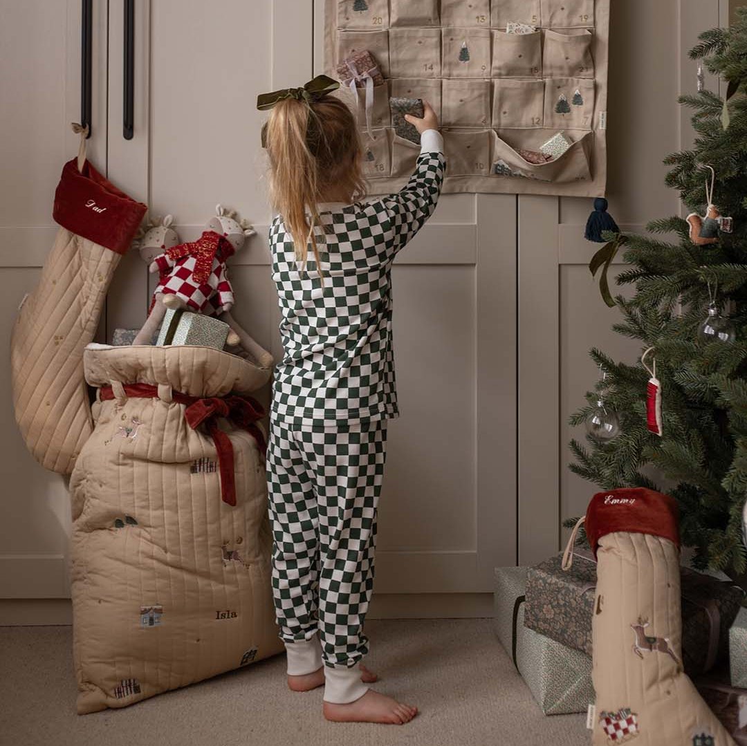 Avery Row Children's Jersey Pyjamas - Green Checkerboard