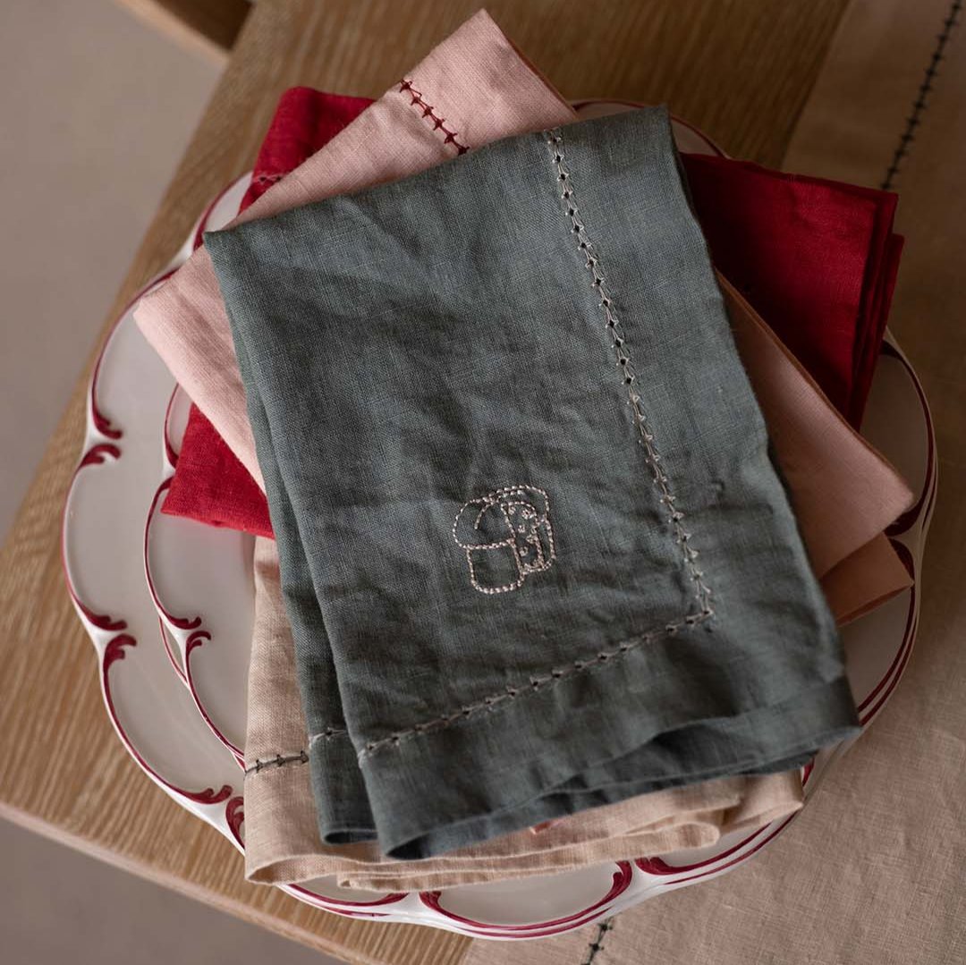 Avery Row Embroidered Linen Napkins, Set of 4 - Pine Green