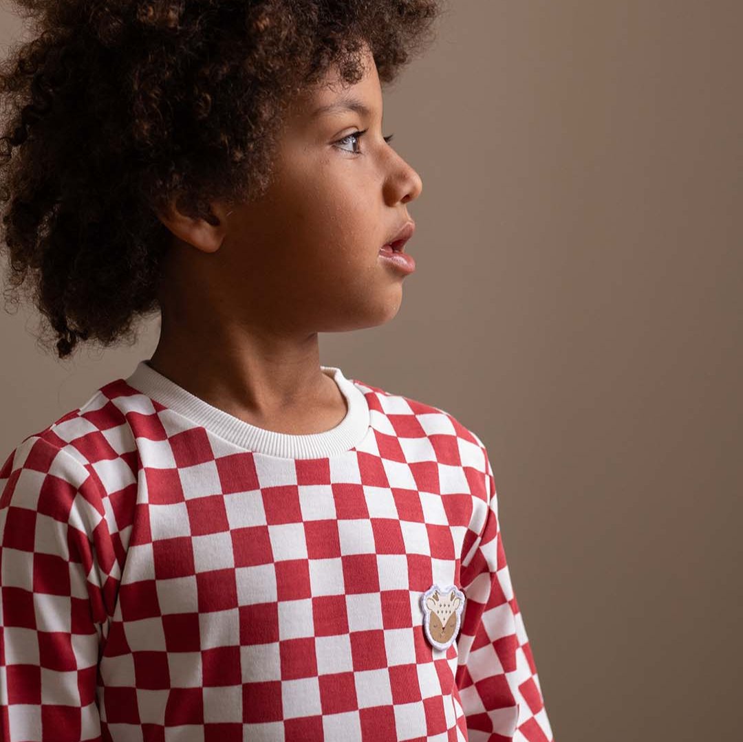 Avery Row Children's Jersey Pyjamas - Red Checkerboard