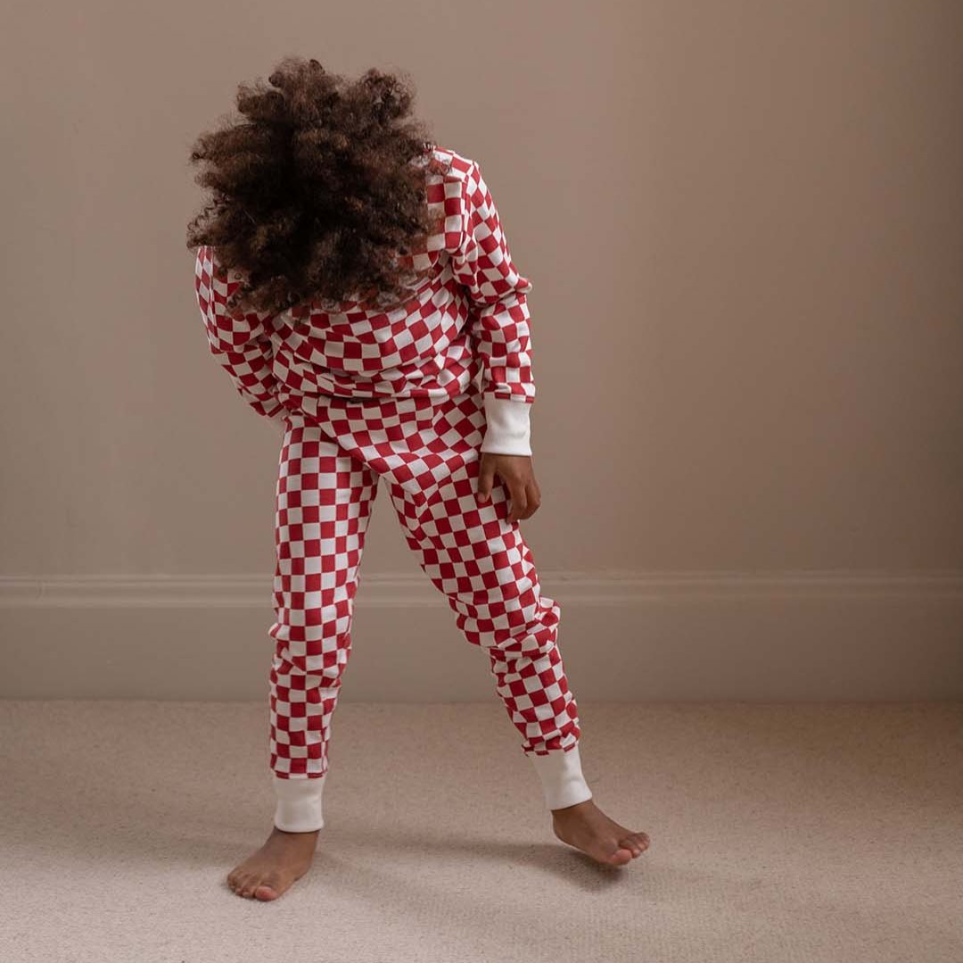 Avery Row Children's Jersey Pyjamas - Red Checkerboard