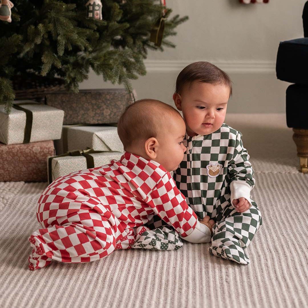 Avery Row Baby Jersey Sleepsuit - Green Checkerboard