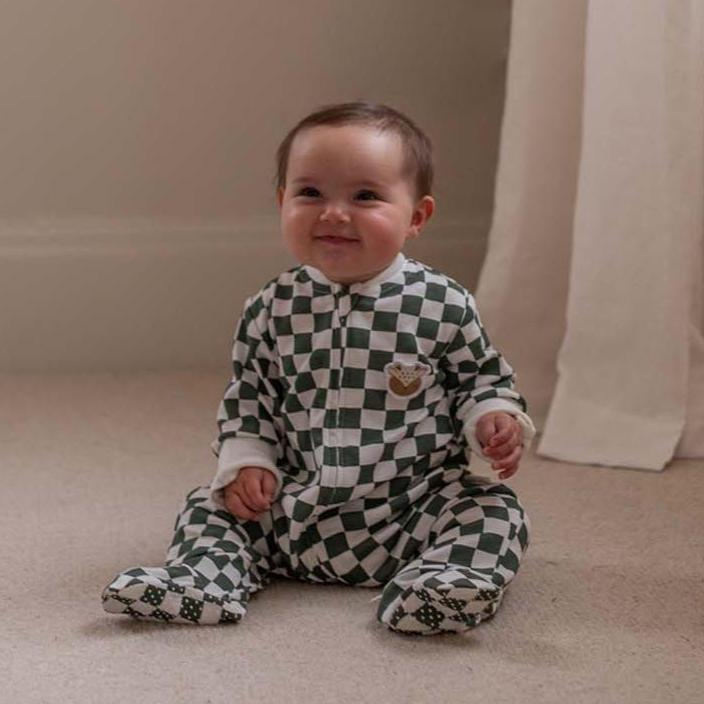 Avery Row Baby Jersey Sleepsuit - Green Checkerboard