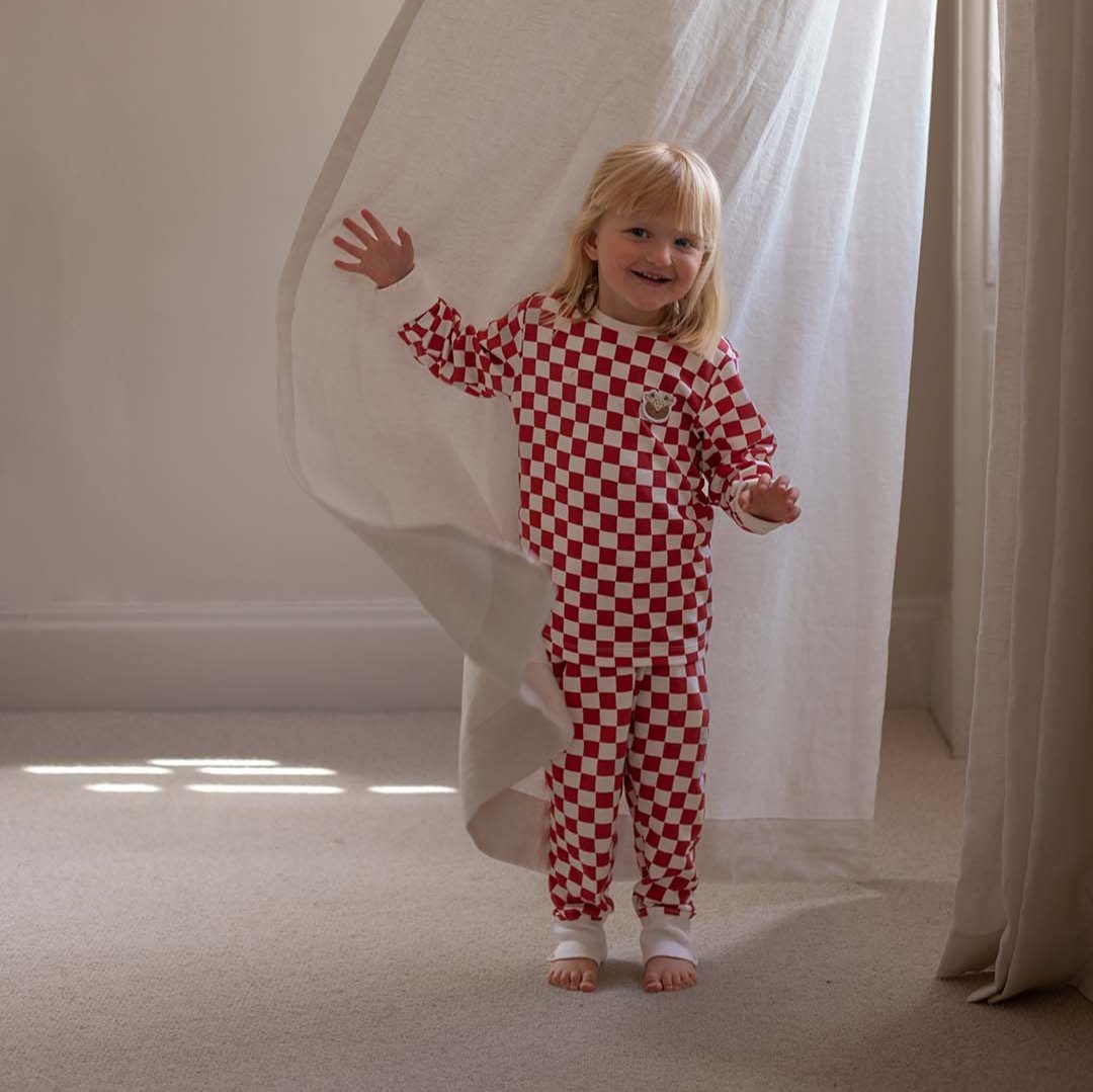 Avery Row Children's Jersey Pyjamas - Red Checkerboard