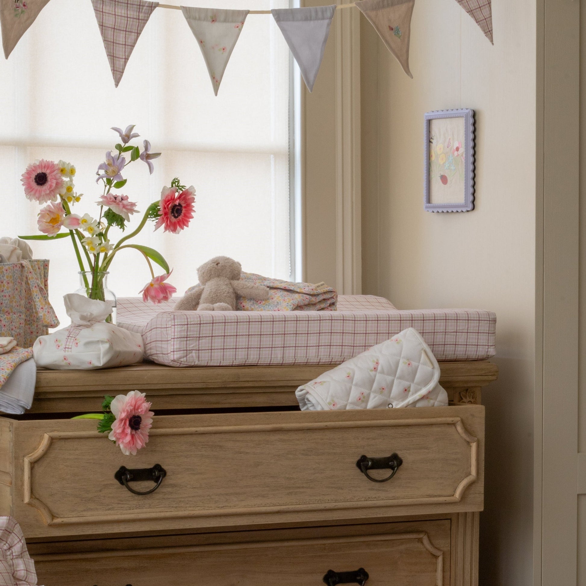 Avery Row Baby Changing Cushion - Pink Check