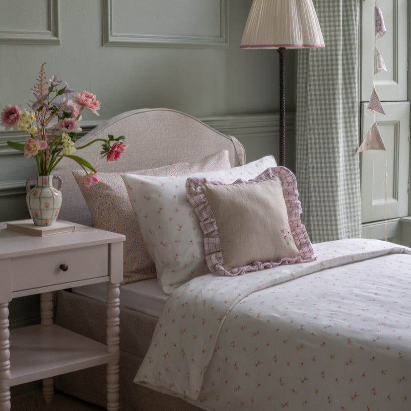 Avery Row Square Linen Frill Cushion - Pink Check