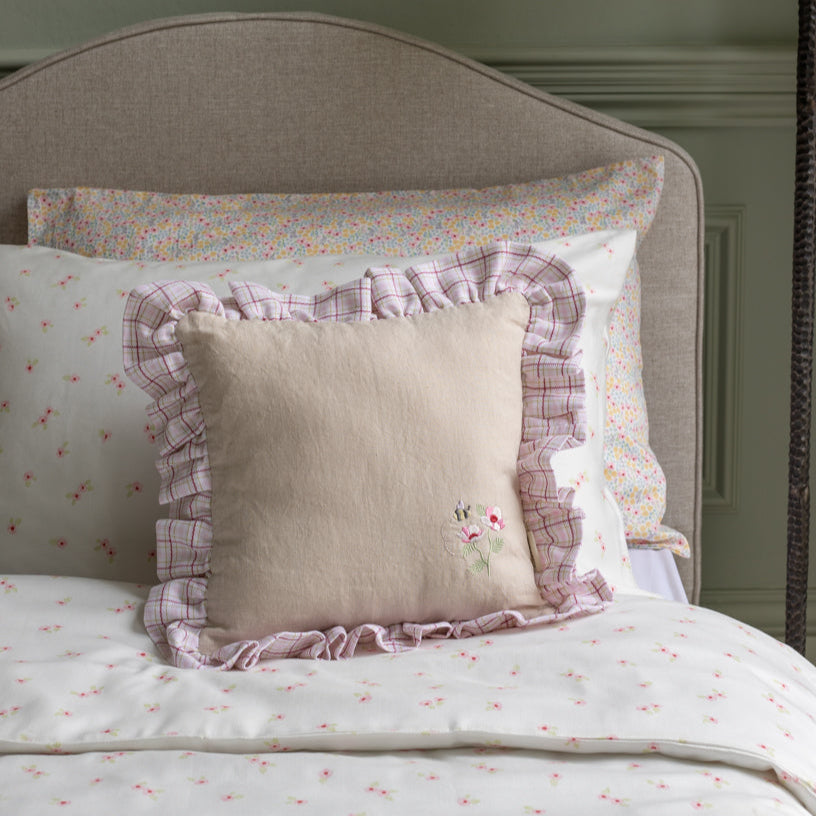 Avery Row Square Linen Frill Cushion - Pink Check