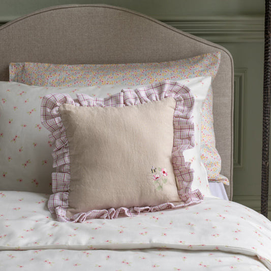Avery Row Square Linen Frill Cushion - Pink Check