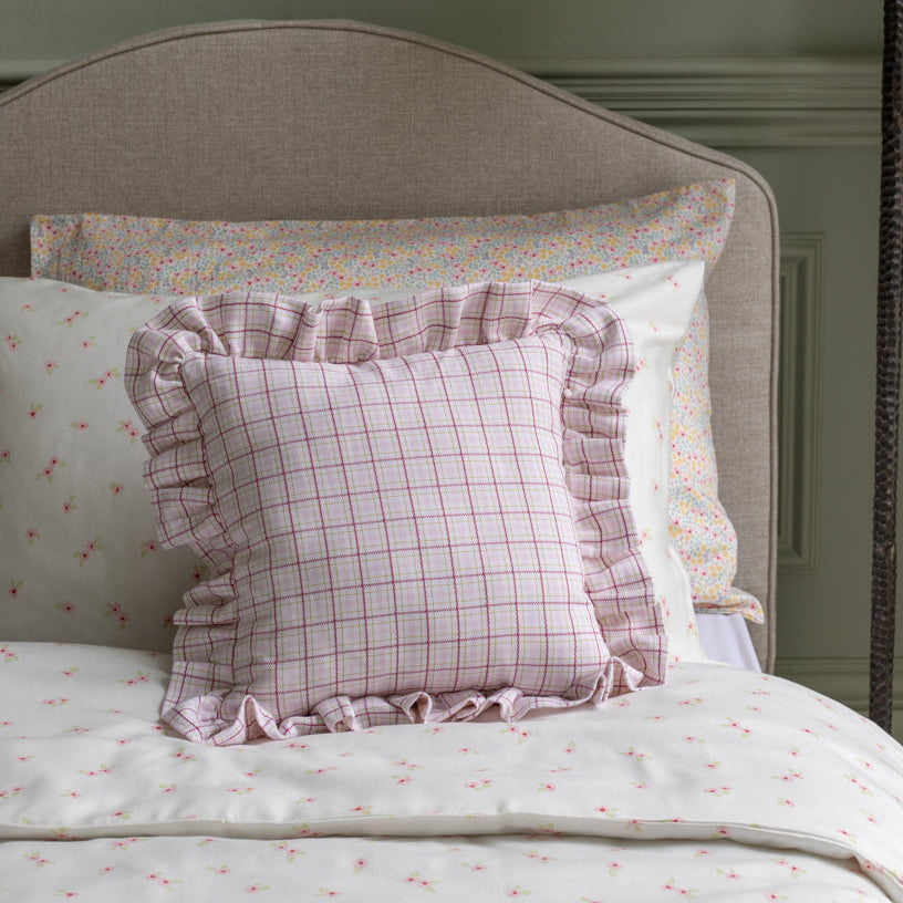 Avery Row Square Linen Frill Cushion - Pink Check