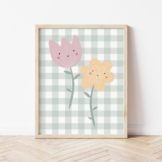 The Little Jones Happy Flowers Print - Green Gingham