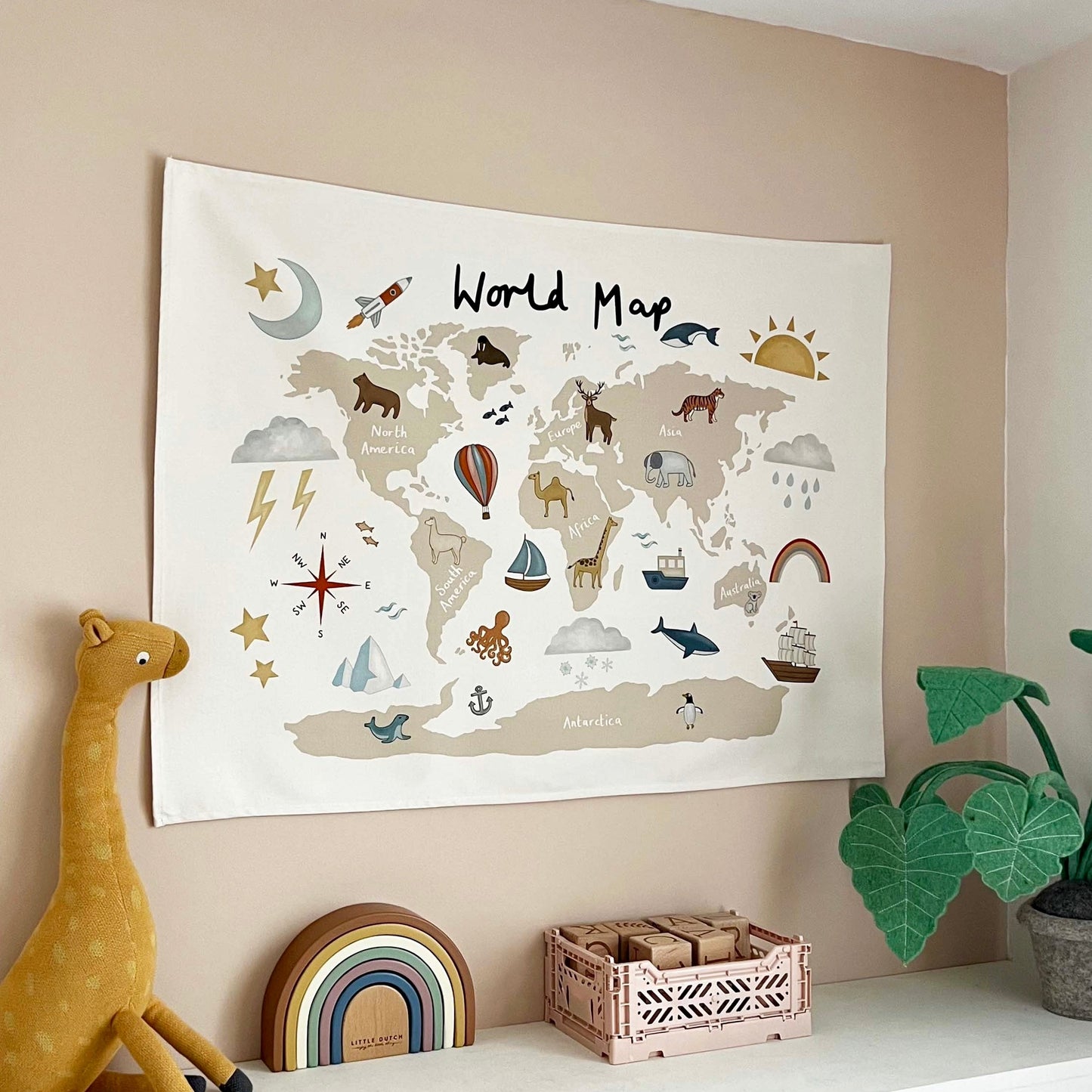 Kid of the Village World Map Wall Hanging - Beige - Large