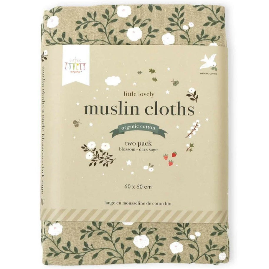 A Little Lovely Company Muslin Cloths - 2 Pack - Blossom Dark Sage