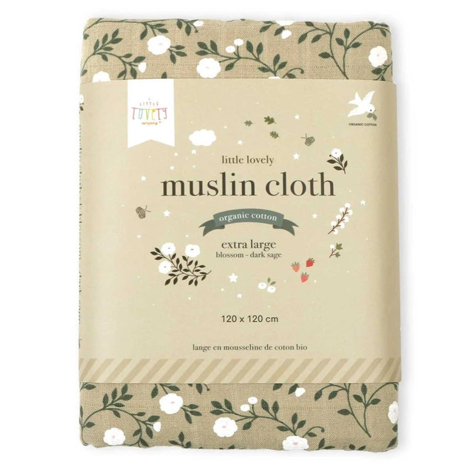 A Little Lovely Company XL Muslin Cloth - Blossom Dark Sage