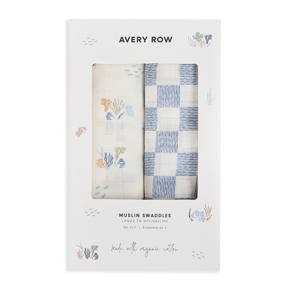 Avery Row Organic Baby Muslin Swaddles - 2 Pk - Coastline/Waves