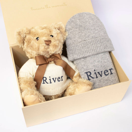 Grey Cashmere & Teddy Personalised Baby Gift Set by The Baby Gifting Co.