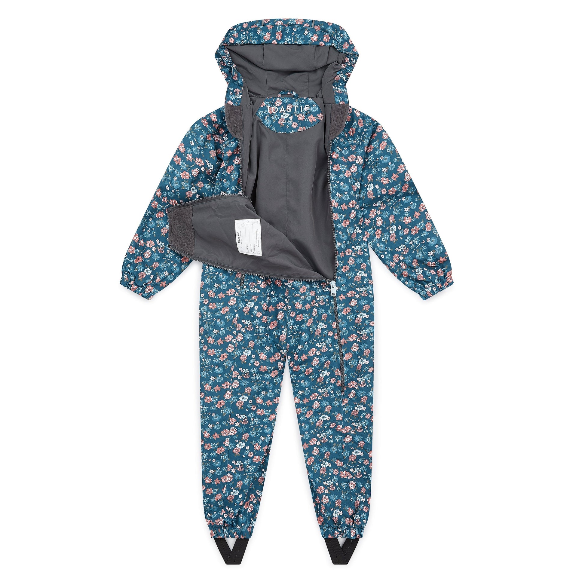 Toastie Kids Waterproof Packable Puddlesuit - Floral Blue/Rose Garden