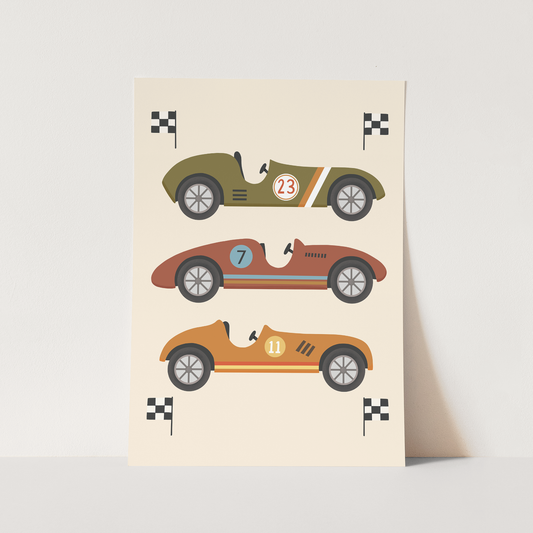 Kid of the Village Race Cars Art Print - Green/Brown/Orange