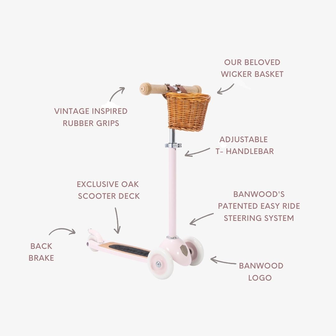Banwood scooter with features labeled on a white background