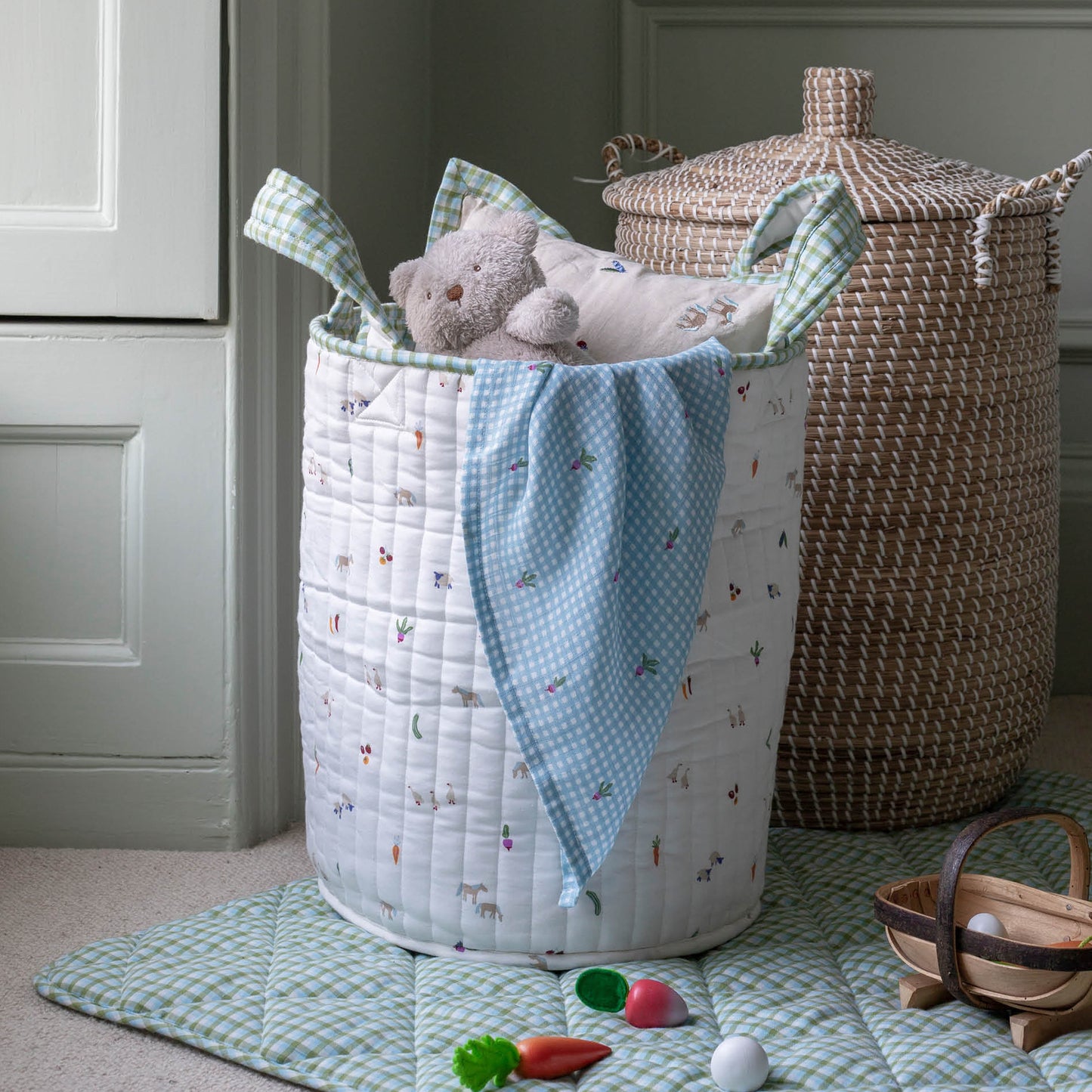 Avery Row Large Quilted Storage Basket - Greenhouse Gingham/Little Farm