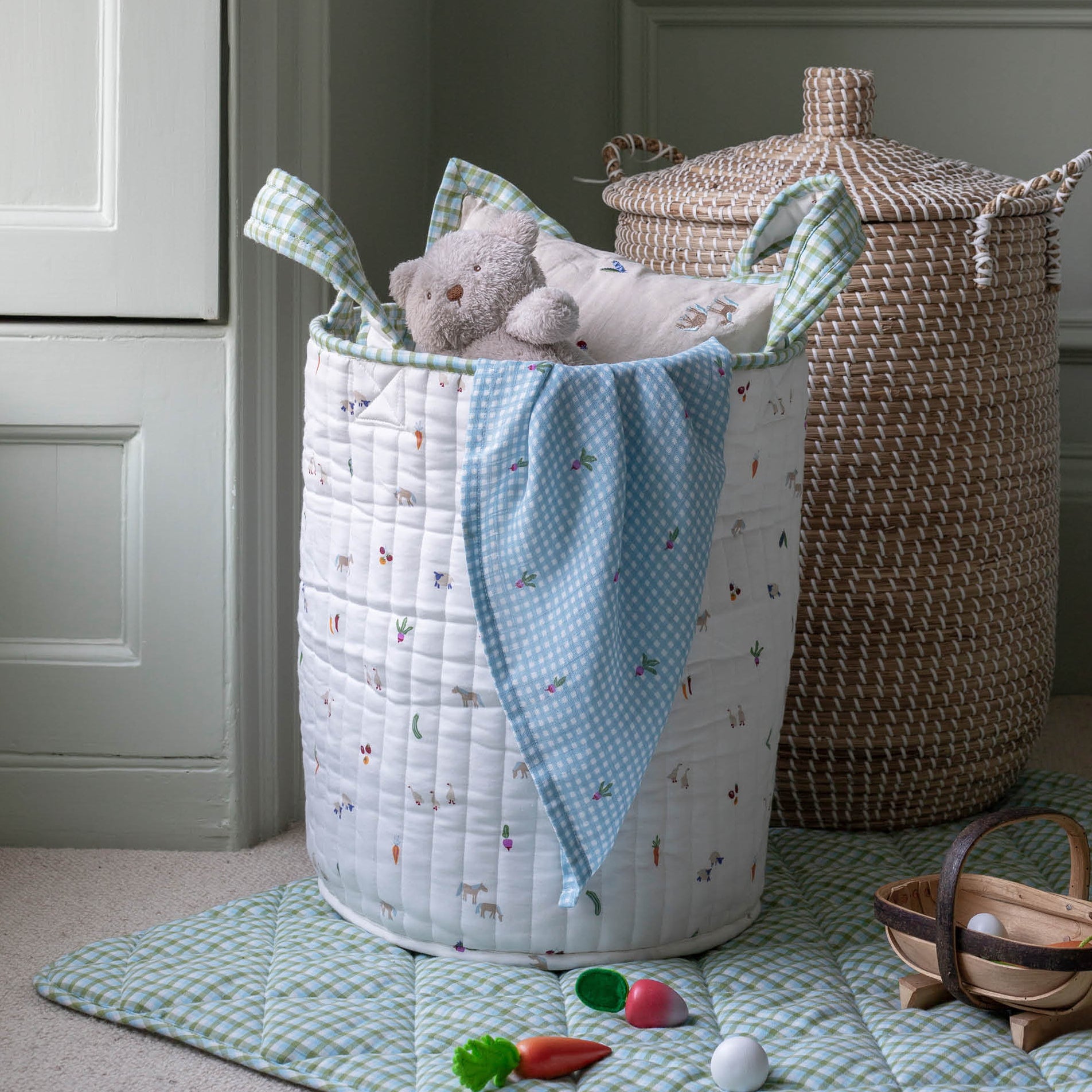Avery Row Large Quilted Storage Basket - Greenhouse Gingham/Little Farm