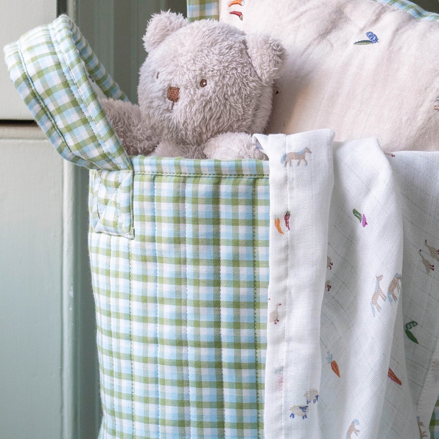 Avery Row Large Quilted Storage Basket - Greenhouse Gingham/Little Farm