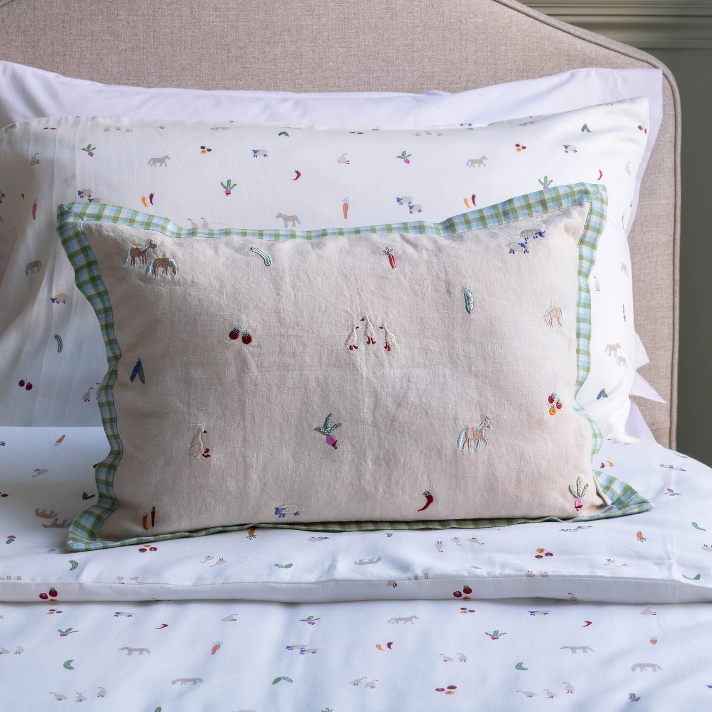 Avery Row Embroidered Linen Scatter Cushion - Little Farm