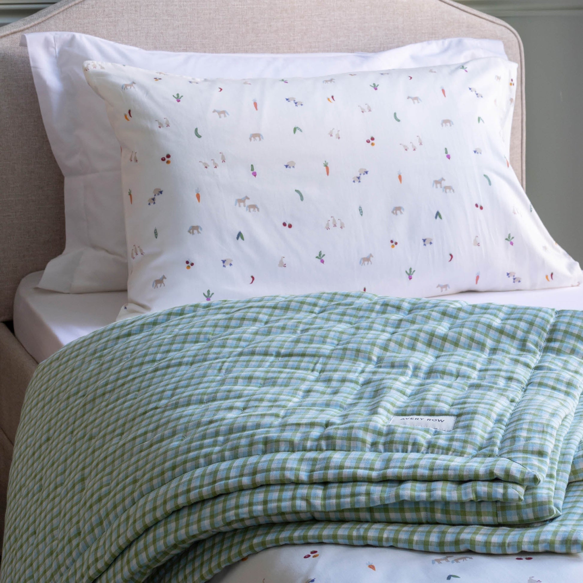 Avery Row Organic Quilted Single Bedspread - Greenhouse Gingham