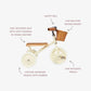 Children's tricycle with features labeled on a white background