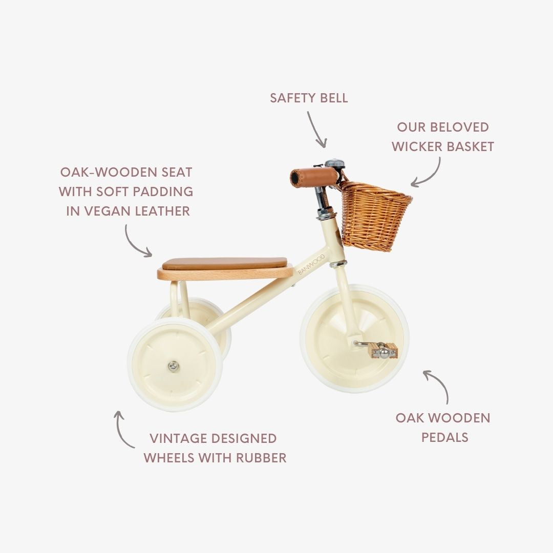 Children's tricycle with features labeled on a white background