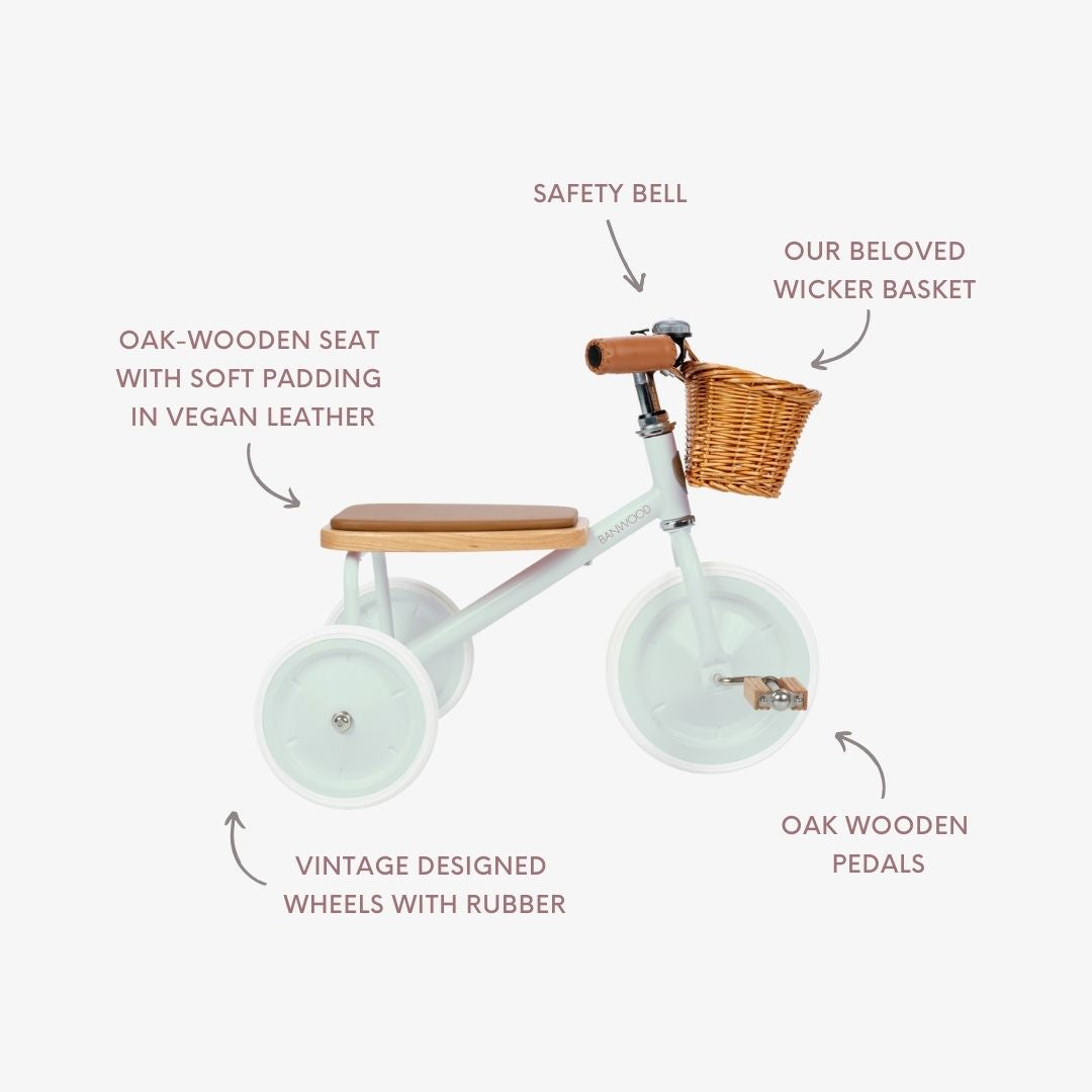 Children's tricycle with features labeled on a white background