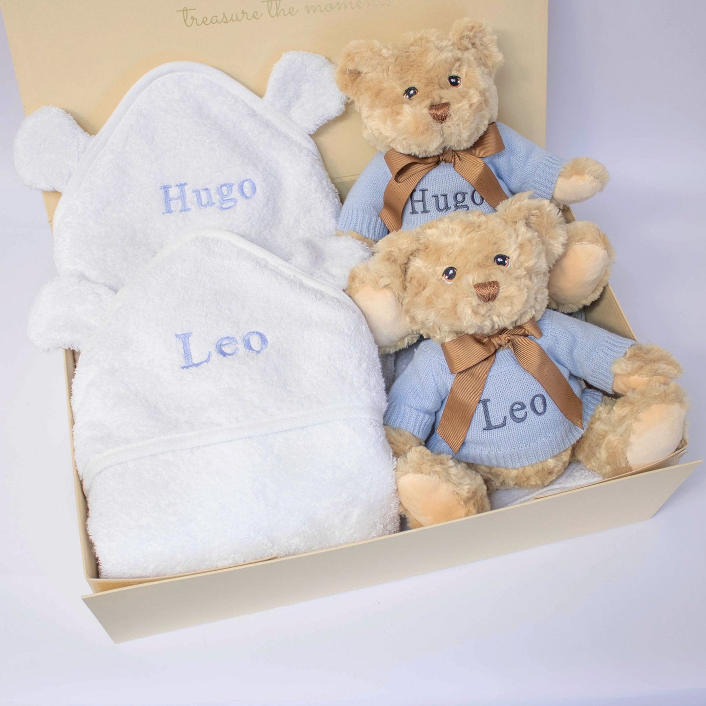 Twins Blue Teddy & Towel Personalised Baby Gift Set by The Baby Gifting Co.