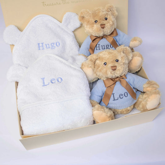 Twins Blue Teddy & Towel Personalised Baby Gift Set by The Baby Gifting Co.