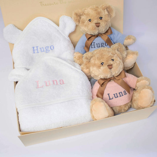 Twins Blue & Pink Teddy & Towel Personalised Baby Gift Set by The Baby Gifting Co.
